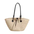 Sac cabas tressé en paille beige avec lanières en cuir noir, grand sac de plage d'été. - Noir