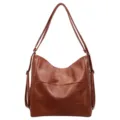 Brown vintage women tote bag, multifunctional PU leather casual large capacity backpack. - Brown