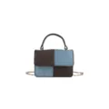 Chic denim and PU patchwork handbag with top handle and metal chain for women casual daily wear - Coffee Blue