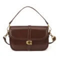 Sac bandoulière en cuir marron vintage, sac a main chic sous les bras avec fermoir G en métal. - Marron