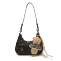 Black hobo shoulder bag with starry pattern, bow decor, leather tassels and cute plush bear. - Black