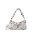 Sac à épaule blanc chic avec imprimé chat créatif, poignée froncée et joli pendentif en peluche. - Avec Pendentif / Café