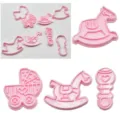 3D Pink Plastic Cookie Cutters Set Baby Carriage Rocking Horse Rattle Fondant Molds Baking Tools - Embossing Mold S885