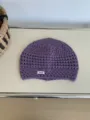 Purple knitted hollow beanie autumn winter warm hat detail shot, cozy fashion accessory - 26*20cm / Purple