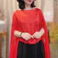 Red sheer pullover shawl for women, lightweight summer cape, stylish travel outerwear detail. - Red