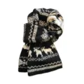 Black & white Fair Isle knit scarf featuring classic Nordic reindeer and geometric jacquard patterns. - Black Reindeer