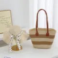 Straw woven beach bag and sun hat detail view with striped design and polka dot ribbon. - Hat & Bag Set / Beige