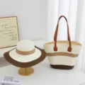 Frühling Sommer Damen Stroh gewebte Tote Tasche und breite Krempe Sonnenhut Set Strand. - Set (Hut + Tasche) / Kaffeebraun