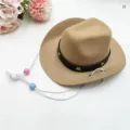 Mini khaki vilten cowboyhoed voor huisdieren met sterren en verstelbare kinriem. - S / Elastisch Koord Stijl / Khaki