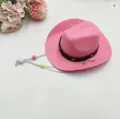 Nahaufnahme eines rosa Filzhutes für Haustiere mit Sternband und Kinnriemen - S / Elastisches Seil-Stil / Rosa