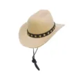 Nahaufnahme von beigem Mini-Haustier-Cowboyhut mit goldenen Sternen - S / Kinnriemen-Stil / Khaki