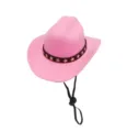 Detailansicht eines rosa Filz-Haustier-Cowboyhuts mit Sternenband und verstellbarem Riemen - S / Kinnriemen-Stil / Rosa