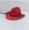 Detaillierte Nahaufnahme eines roten Mini-Haustier-Cowboyhuts mit goldenen Sternen. - S / Kinnriemen-Stil / Rot