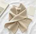 Chic beige knitted short scarf, elegant floral embroidery, cozy winter warm neck item. - Khaki