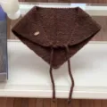 Brown knitted triangular scarf, cozy winter warm shawl with adjustable ties and wooden button. - Brown