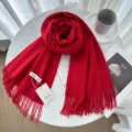 Solid color cashmere winter scarf for women, thick warm tassel fringe stylish shawl. - Red