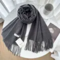Solid color cashmere winter scarf for women, warm soft fringed shawl and cozy neck wrap. - Deep Gray