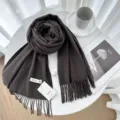 Solid color cashmere winter scarf for women, elegant dark brown warm wrap with fringe. - Coffee