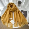 Solid color winter cashmere feel scarf, mustard yellow variant with stylish fringe design. - 14# Ginger