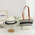Summer beach straw hat and striped tote bag detail, casual holiday fashion accessory set. - Set (Hat + Bag) / Fine Stripes - White + Black
