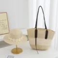 Stylish women straw hat and tote bag set, minimalist design with daisy decor for summer beach. - Hat + Bag (2pcs Set) / Beige