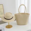 Bolso de hombro de paja de verano y sombrero para mujeres gran capacidad playa vacaciones casual. - Juego (Sombrero + Bolso) / Beige