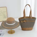 Women summer straw sun hat and large capacity woven tote bag set for beach vacation. - Set (Hat & Bag) / 2