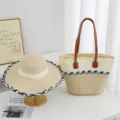 Handcrafted straw beach tote bag and wide brim sun hat set, summer vacation style accessory. - Set (Hat + Bag) / Beige