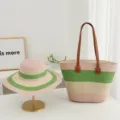 Close-up detail of summer striped straw hat and tote bag set for beach vacation style. - Set (Hat + Bag) / Wide Stripes - Pink + Green