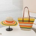 Conjunto de bolsa de paja para playa de verano y sombrero de sol, diseño a rayas, gran capacidad. - Solo Sombrero / A Rayas Amarillo Beige - Amarillo