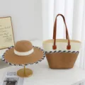 Close up detail view of woven straw tote bag and sun hat set, summer beach vacation style. - Set (Hat + Bag) / Khaki