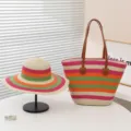 Conjunto de bolso tote de paja a rayas coloridas y sombrero de sol, ideal para la playa. - Solo Sombrero / A Rayas Beige Rosa Oscuro - Rosa Oscuro