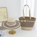 Detailed view of summer straw sun hat and large capacity woven tote bag with cute bow. - Set (Hat & Bag) / 4