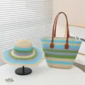 Bolso tote de playa en paja tejida de verano y sombrero, bolso a rayas para mujeres. - Solo Sombrero / A Rayas Azul Cielo - Azul Cielo