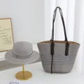 Stylish women straw hat and tote bag set, large capacity casual shoulder bag for daily commuting. - Hat + Bag (2pcs Set) / Gray