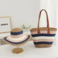 Detailed view of women summer straw woven hat and stripe shoulder bag set for beach vacation. - Fine Stripes - Navy Blue + Pink