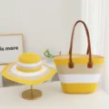 Women summer straw woven shoulder bag and sun hat set striped beach vacation large tote - Wide Stripes - Yellow + Grey