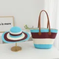 Summer striped straw sun hat and large capacity beach shoulder tote bag set for women. - Fine Stripe - Sky Blue