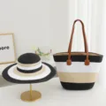 Summer straw woven hat and large capacity shoulder bag set for beach vacation and outdoor travel. - Wide Stripes - Black + Beige