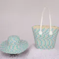 Stylish straw woven tote bag and sun hat set, large capacity beach bag for summer holiday. - Single Hat / Sky Blue
