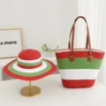 Summer beach straw hat and tote bag detail, red green white striped design, elegant resort style. - Wide Stripes - Red + Green