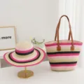 Summer straw woven sun hat and matching striped tote bag set, beach vacation style. - Fine Stripes - Rose Red + Black