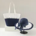 Conjunto de sombrero de paja y bolso tote para mujer de verano, set de playa azul y blanco. - Solo Sombrero / Lazo Empalmado - Azul Marino