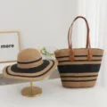 Summer straw beach hat and large capacity tote bag set for women, perfect for holiday travel. - Fine Stripes - Black + Khaki