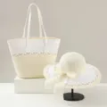 Conjunto de bolso tote de paja y sombrero de sol ala ancha mujer playa verano vacaciones. - Solo Sombrero / Lazo Empalmado - Blanco Leche