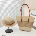 Vintage straw sun hat and large capacity striped tote bag set for women summer beach travel. - Small Flat Top Patchwork with Upgraded Leather Base - Beige