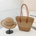 Summer straw hat and large striped woven tote bag set, perfect for outdoor vacation style. - Small Flat Top Patchwork with Upgraded Leather Base - Khaki