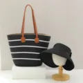 Conjunto de bolso tote de paja negra y sombrilla, bolso de playa de verano con sombrero. - Solo Sombrero / Blanco A Rayas Parte Superior Abierta - Negro