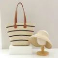 Conjunto de bolso tote de paja y sombrero de sol abierto para mujer, ideal para verano. - Solo Sombrero / Negro A Rayas Parte Superior Abierta - Beige