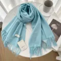 Solid color cashmere scarf for women, warm winter shawl with elegant tassel design and soft touch. - 19# Dreamy Blue